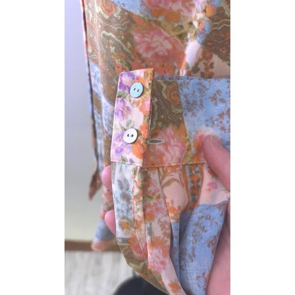 Vintage Patchwork Floral Paisley Button Up Shirt Long Sleeve Collared Blouse Top - Picture 6 of 9